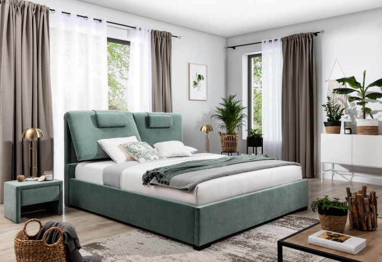 Łóżko Boho z ruchomym zagłówkiem i opcją pojemnika na pościel. Stylowy design, wygoda i możliwość personalizacji tkanin sprawiają, że idealnie uzupełni każdą sypialnię.