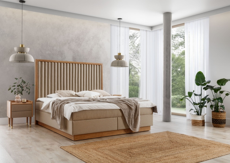 Łóżko kontynentalne Wood 800 w stylu amerykańskim z wysokim drewnianym zagłówkiem