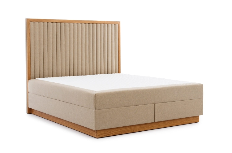 Łóżko Wood 800 z pionowym przeszyciem na wysokim zagłówku i elegancką ramą drewnianą