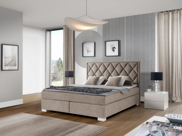 Szare łóżko z zagłówkiem w rąby