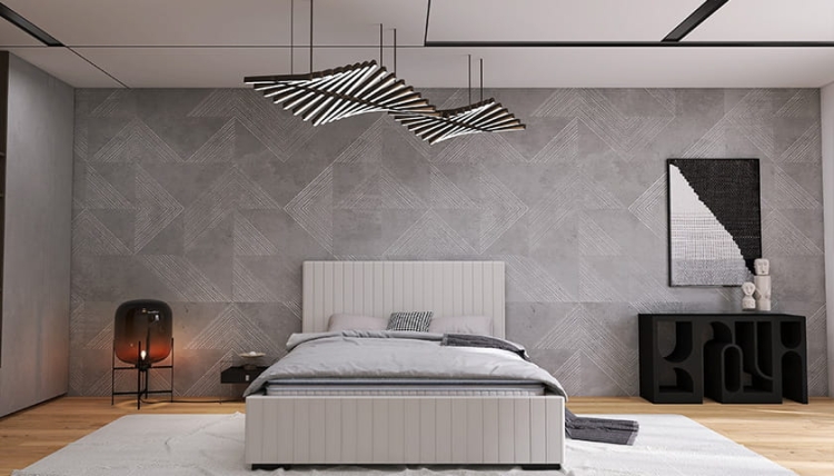 szare łóżko tapicerowane