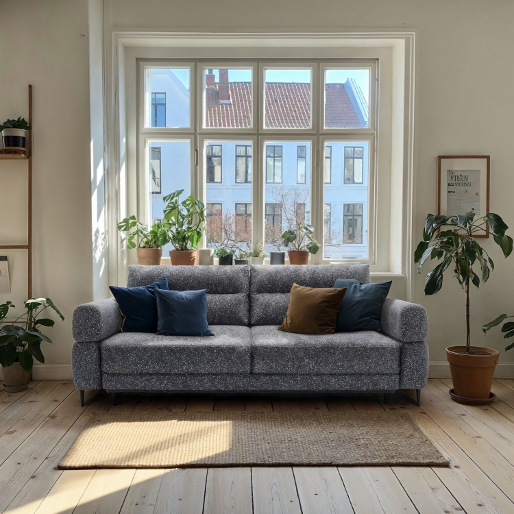 Sofa z wysokimi nóżkami i lekką konstrukcją