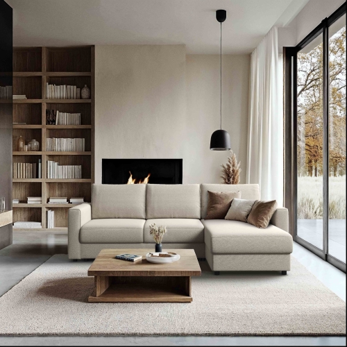 Narożnik Delanto w aranżacji beżowej sypialni