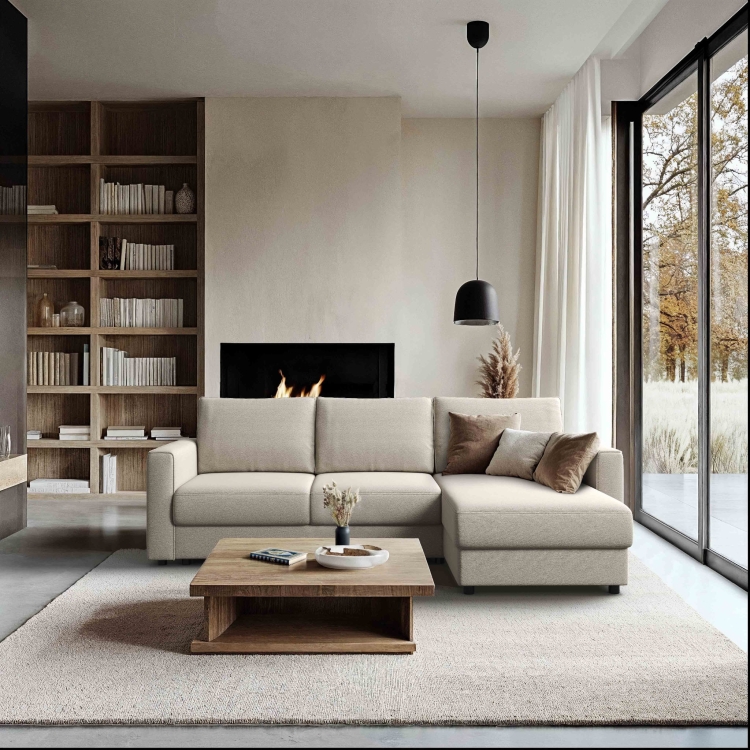 Narożnik Delanto w aranżacji beżowej sypialni