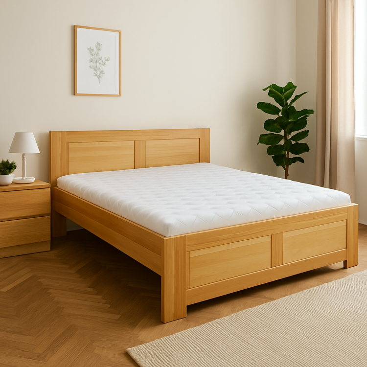 Zdjęcie przedstawia solidne, bukowe łóżko LK112 z litego drewna w naturalnym odcieniu. Mebel ma nowoczesny design, geometryczny zagłówek, idealny do sypialni w stylu skandynawskim, loftowym lub klasycznym. Dostępne różne rozmiary.