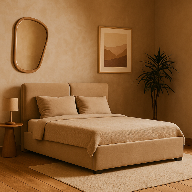 Eleganckie łóżko tapicerowane w odcieniach beżu, idealne do nowoczesnej sypialni. Stylowe wykończenie, modne dodatki i ciepła kolorystyka tworzą przytulne wnętrze zgodne z aktualnymi trendami aranżacyjnymi.