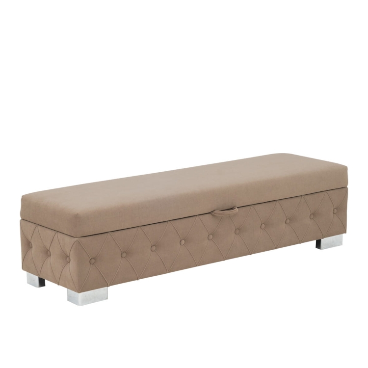 Ławka tapicerowana z pojemnikiem, ozdobnymi bokami w romby i możliwością wyboru nóżek i wybarwienia drewna – praktyczny i stylowy mebel do każdego wnętrza.