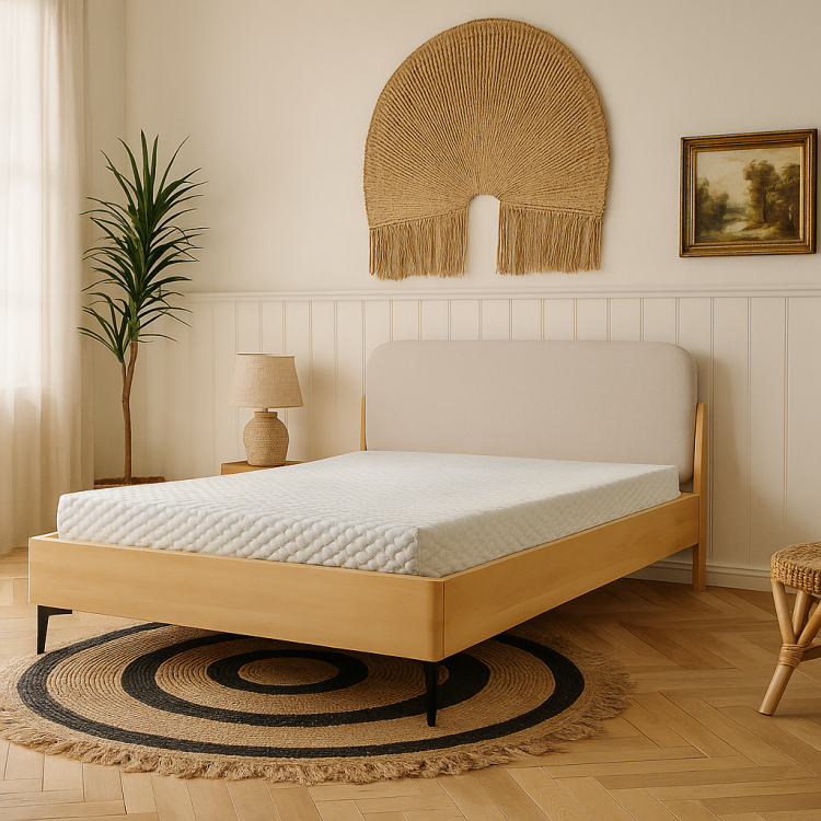 Stylowa sypialnia w klimacie boho z drewnianym łóżkiem ORSA w roli głównej. Naturalne materiały, jasne kolory i rattanowe dodatki tworzą przytulną, harmonijną przestrzeń sprzyjającą relaksowi i odpoczynkowi.