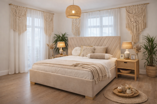 sypialnia-boho-lozko-drewniane-naturalne-tekstylia-rattanowe-dodatki-przytulna-aranzacja