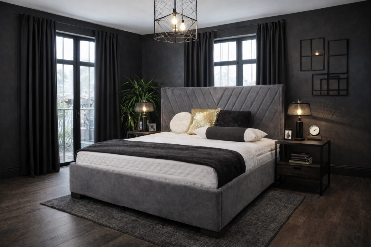 meska-sypialnia-nowoczesna-ciemne-kolory-lozko-tapicerowane-minimalistyczny-styl