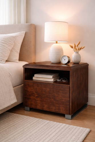 stolik nocny drewniany olcha nowoczesny z metalowymi nogami