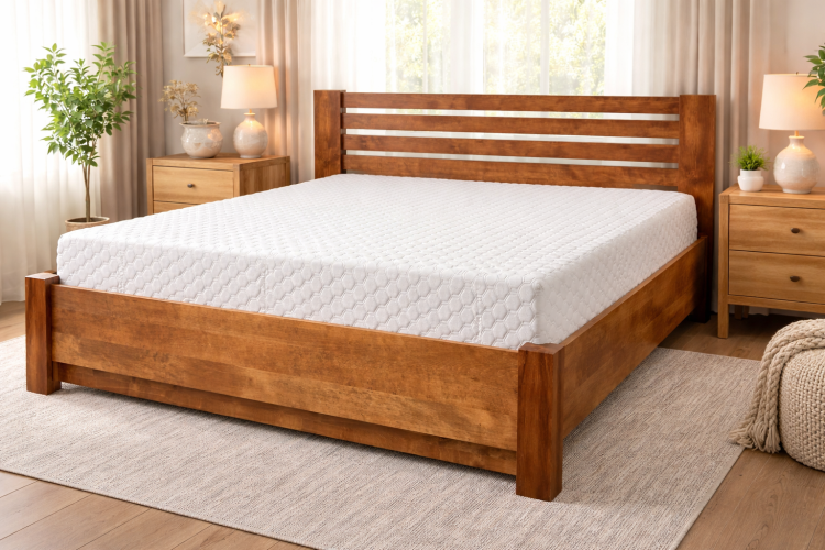 drewniane łóżko do sypialni z pojemnikiem na pościel