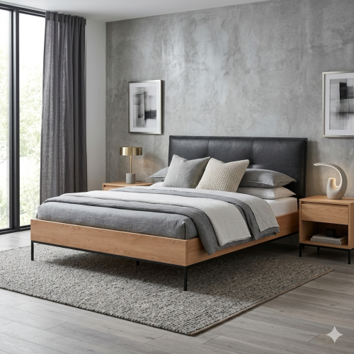 łóżko loft karmel z tapicerowanym zagłówkiem i ramą drewnianą