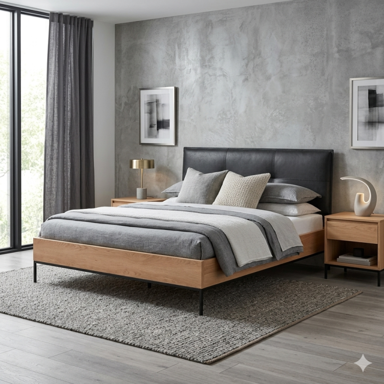 łóżko loft karmel z tapicerowanym zagłówkiem i ramą drewnianą