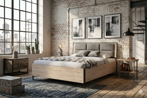 łóżko w stylu loft jasne drewno i szary zagłówek