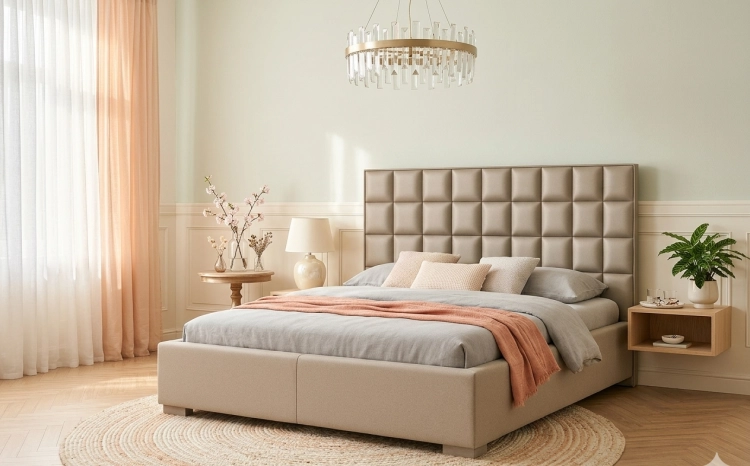 Łóżko szare quaddro mini pikowany zagłówek w mini kwadraciki