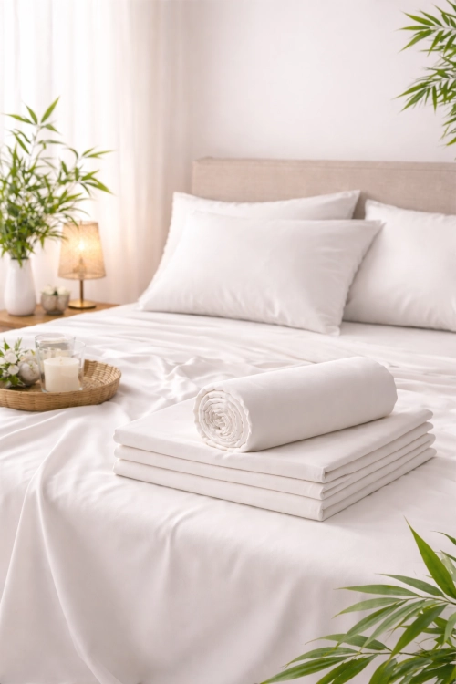 Naturalne prześcieradło bambusowe na łóżku w sypialni