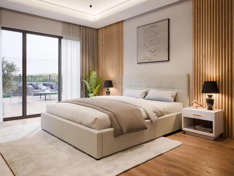 łóżko futura aranżacja beż, rama 30 cm na ślizgaczach zagłówek 100 cm