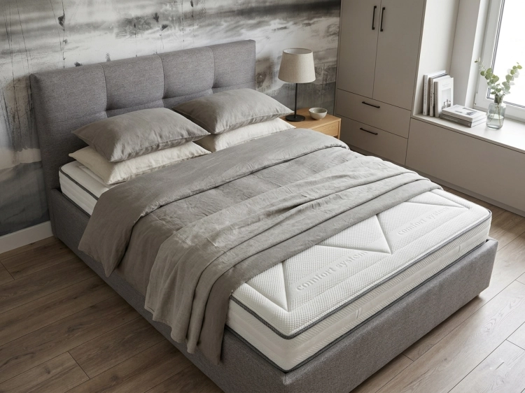 łóżko tapicerowane w szarej kolorystyce
