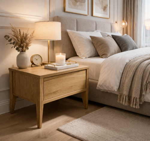 stolik nocny aranżacja sypialni dąb naturalny